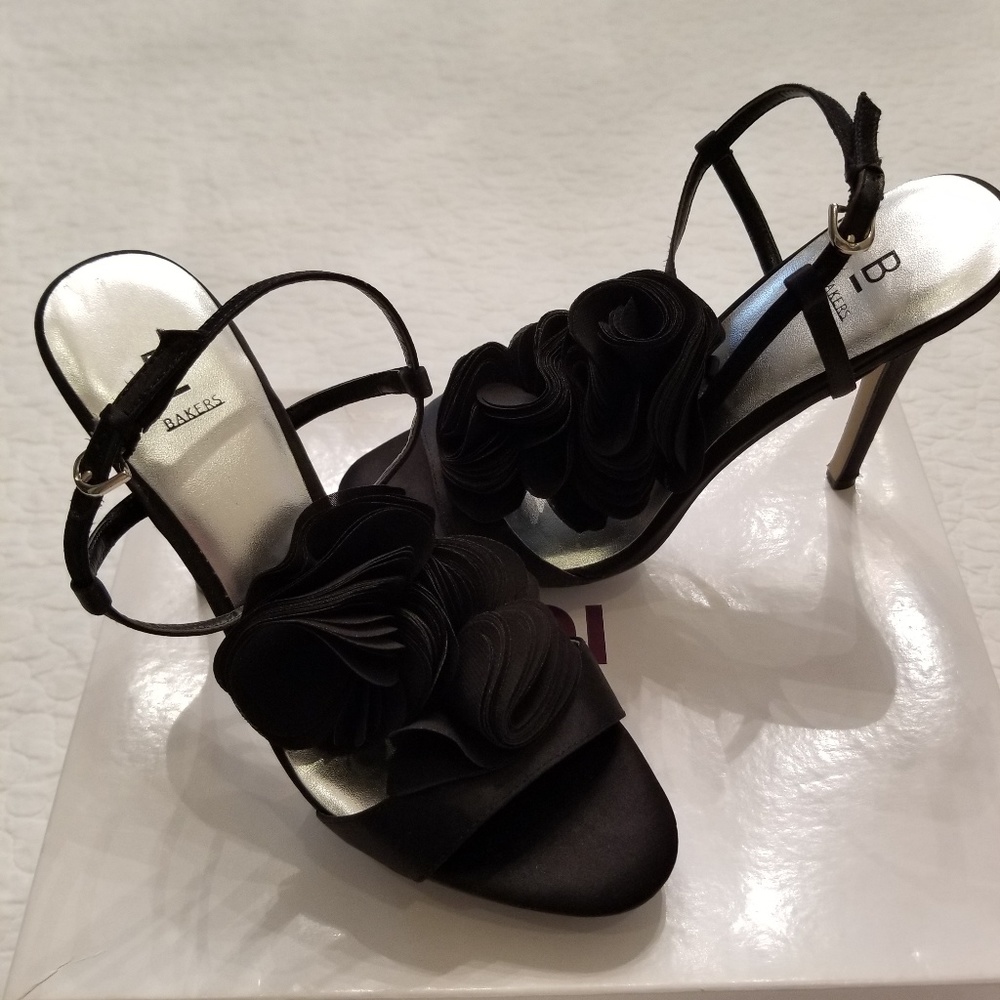 Bakers Black Satin Floral Appliqué Stiletto Sandals